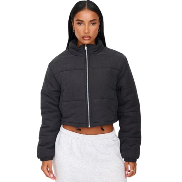 PrettyLittleThing Black Super Cropped Peach Skin Puffer - Size UK 12 (US 8) - Picture 1 of 7
